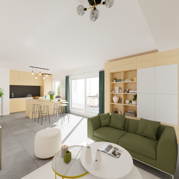 Séjour ouvert d'un appartement neuf lors d'une visite, cuisine et accès balcon