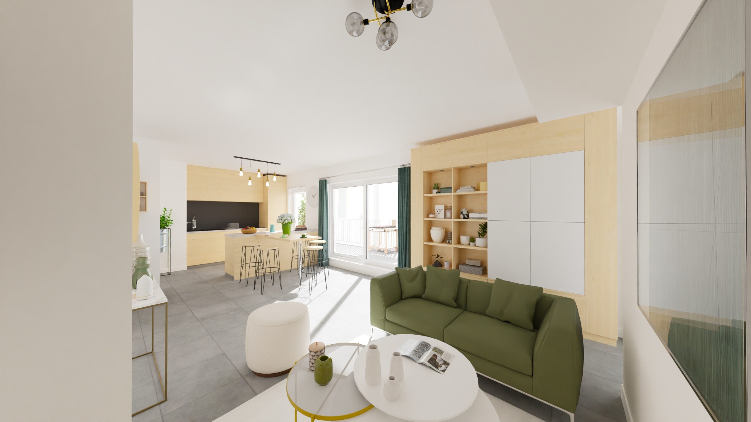 Séjour ouvert d'un appartement neuf avec cuisine et accès balcon