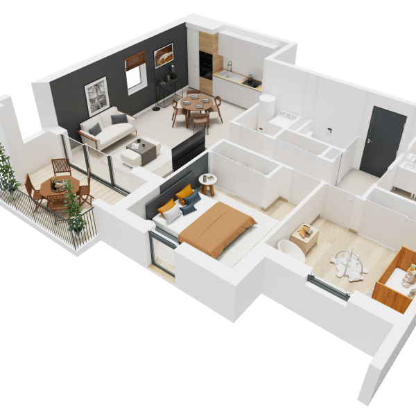 Plan 3D d'un appartement neuf du Domaine Landessa, agencement des pièces