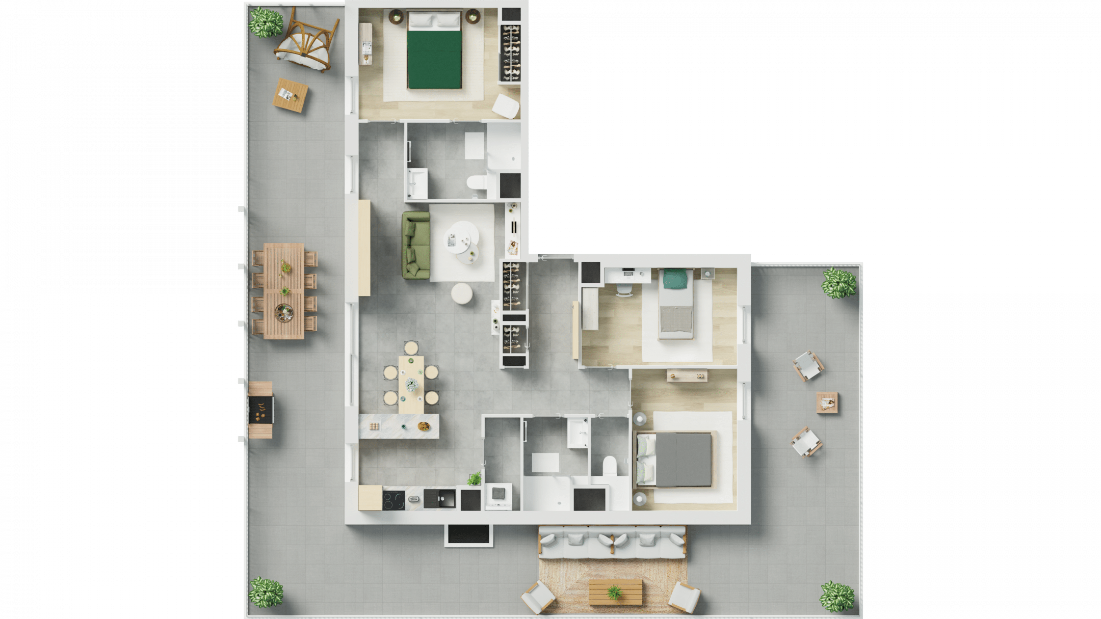 Plan 3D d'un appartement neuf montrant cloisons, cuisine et salle de bains