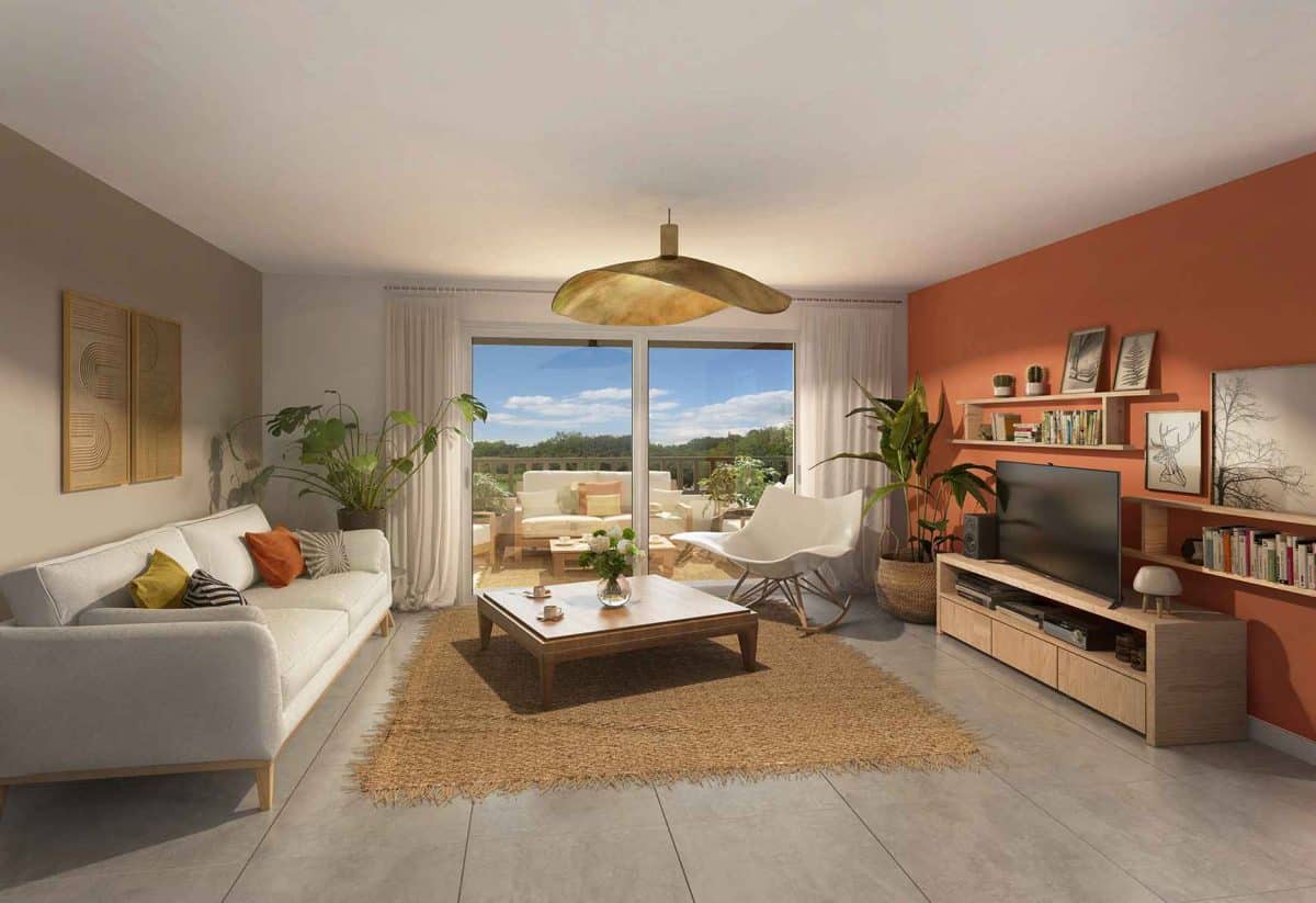 Séjour d'un logement neuf avec mur coloré et sol carrelé, finitions choisies en showroom