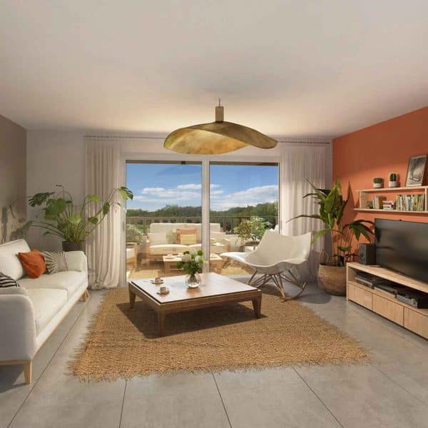 Séjour d'un logement neuf avec mur coloré et sol carrelé, finitions choisies en showroom